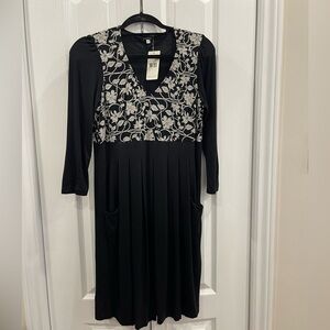 Walter Babini Black Floral Midi Dress with Pockets